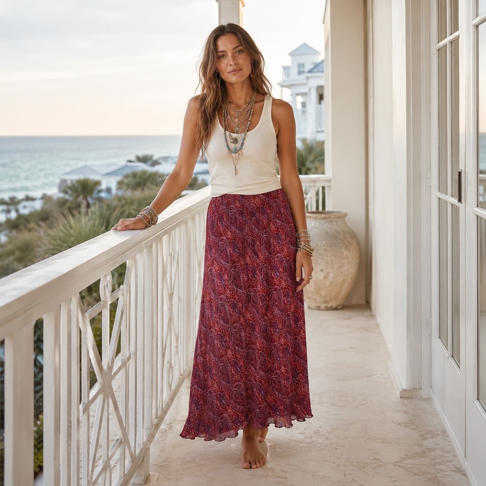 J Jill Boho Paisley Maxi Skirt M Red Pink Purple Festival Peasant Cottagecore